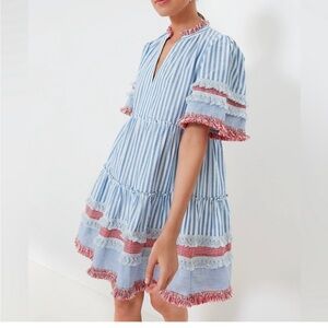 Tuckernuck Blue and White Ruffled Puff Sleeve Sundress